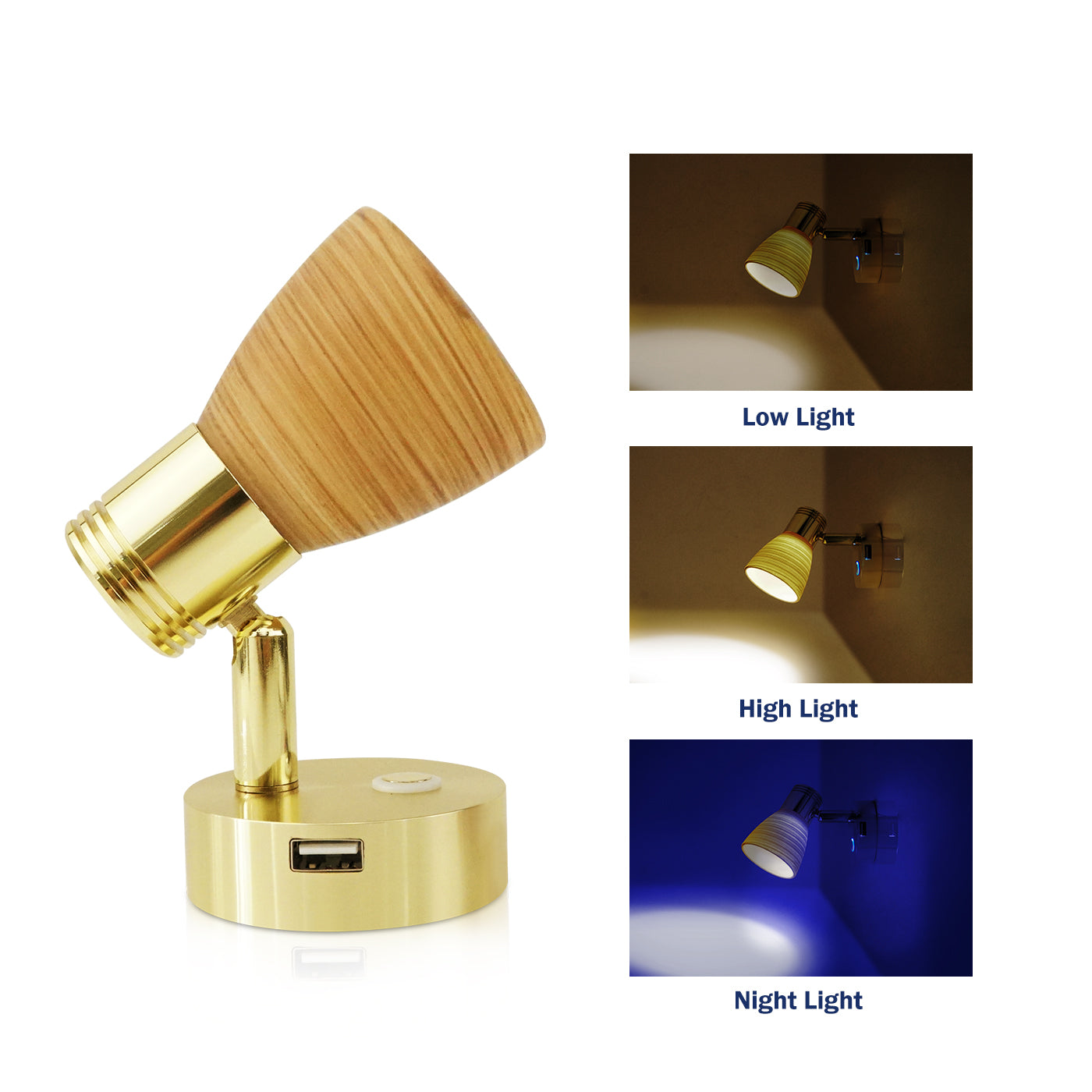 THALASSA 12V Reading Light Teak Color Glass Dimmer Touch Adjustable with/without USB Port - THALASSA