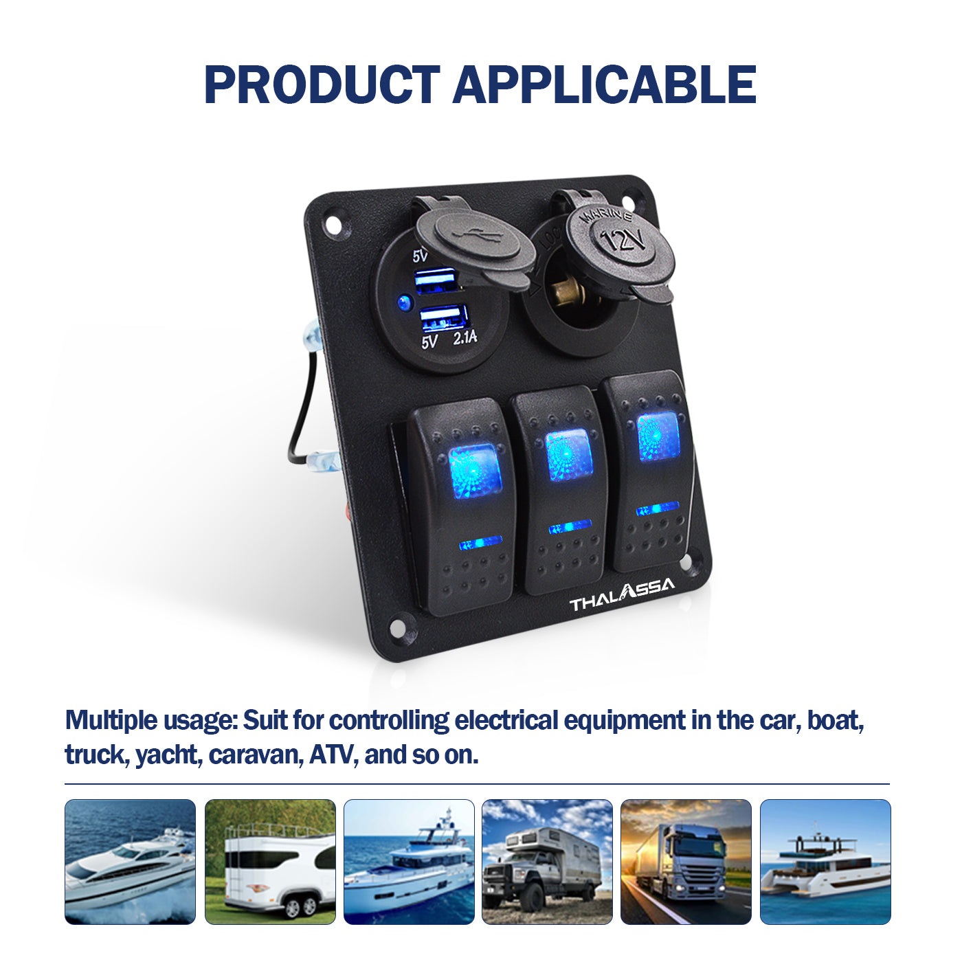 GenuineMarine-THALASSA  3 Gang Rocker Switch Panel 12V 24VDC Waterproof Multi-Function Aluminum Alloy with Dual USB Charger Socket & Cigarette Lighter Socket for Cars Rvs Trucks - THALASSA