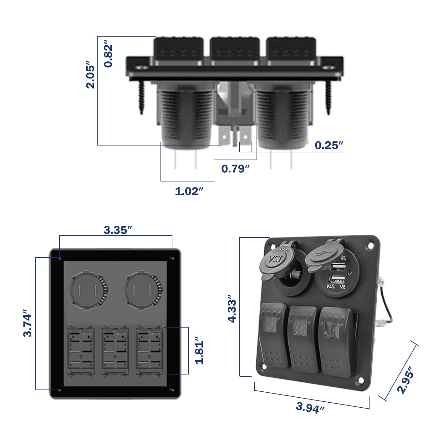 GenuineMarine-THALASSA  3 Gang Rocker Switch Panel 12V 24VDC Waterproof Multi-Function Aluminum Alloy with Dual USB Charger Socket & Cigarette Lighter Socket for Cars Rvs Trucks - THALASSA
