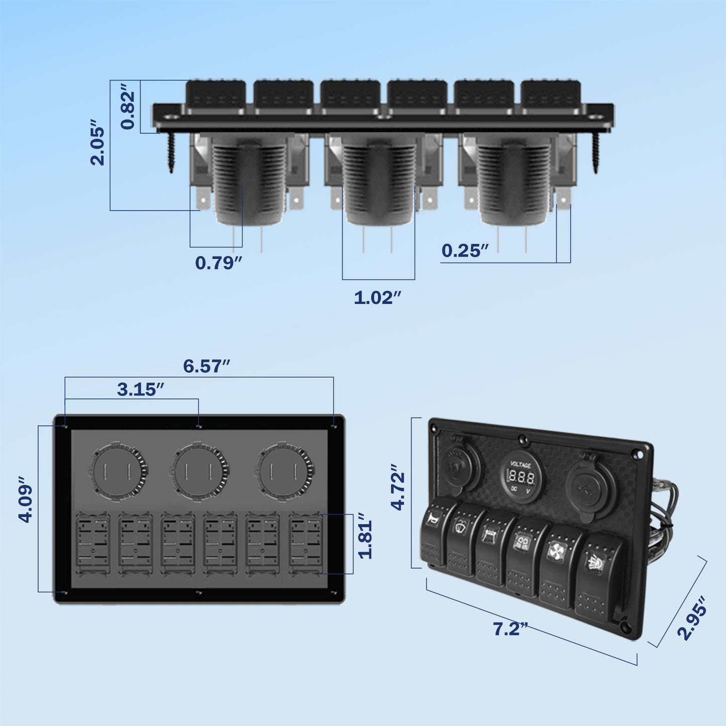 THALASSA 4/6 Gang Rocker Switch Panel, 12V/24V Waterproof Blue LED Lighted Toggle Fuse Breaker Protected Control with 12 Volt Marine USB Power Outlet for Car Boat RV Scooter Truck Vehicles - THALASSA