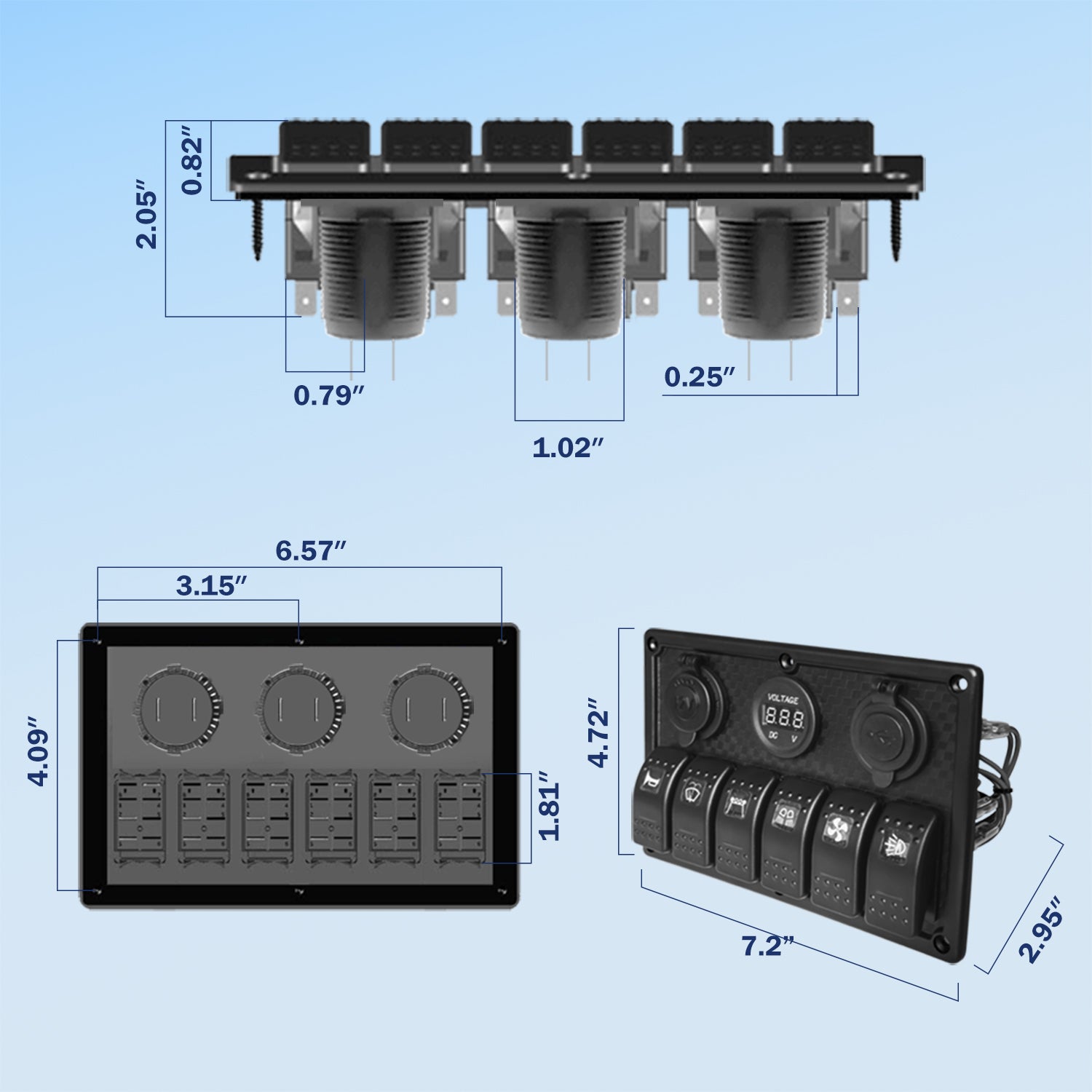 THALASSA 4/6 Gang Rocker Switch Panel, 12V/24V Waterproof Blue LED Lighted Toggle Fuse Breaker Protected Control with 12 Volt Marine USB Power Outlet for Car Boat RV Scooter Truck Vehicles - THALASSA