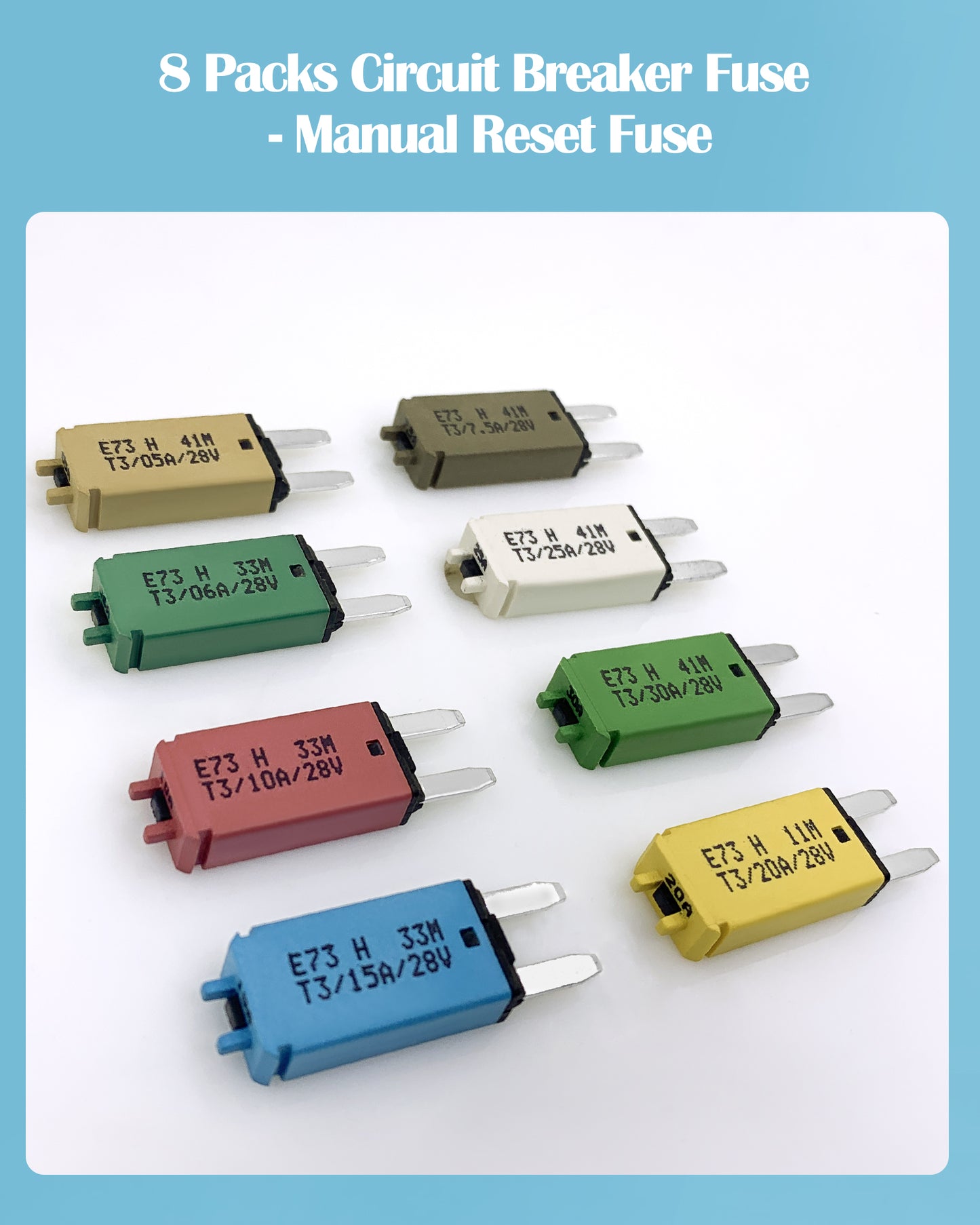 Nerites 8 Packs Resettable Fuse Mini ATM Blade Style Circuit Breaker Fuse 5A 6A 7.5A 10A 15A 20A 25A 30A(Mixed), 28V DC