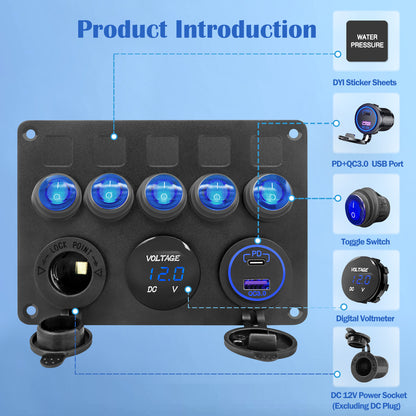 5 Gang Aluminum Rocker Switch Panel Marine Boat Board with Blue Digital Voltage Display + PD Charging Port + QC3.0 USB Port + 12V DC Power Socket with Circuit Breaker for Vehicles Yacht Car Truck RV