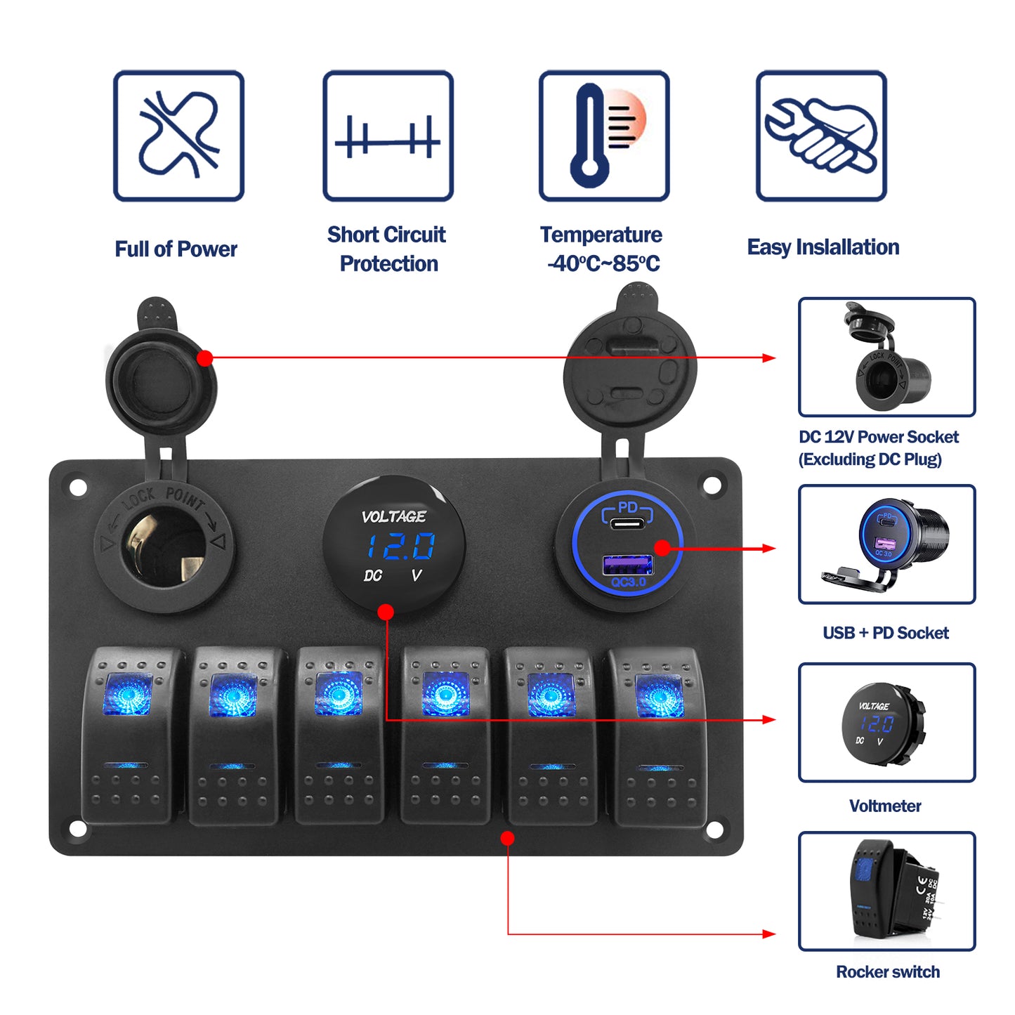 THALASSA 6 Gang Marine Boat Rocker Switch Aluminum Panel Waterproof with Blue Digital Voltage Display, Dual PD +QC3.0 USB Outlet, 12V DC Cigarette Lighter Port for Car Truck Rv Vehicles Yacht