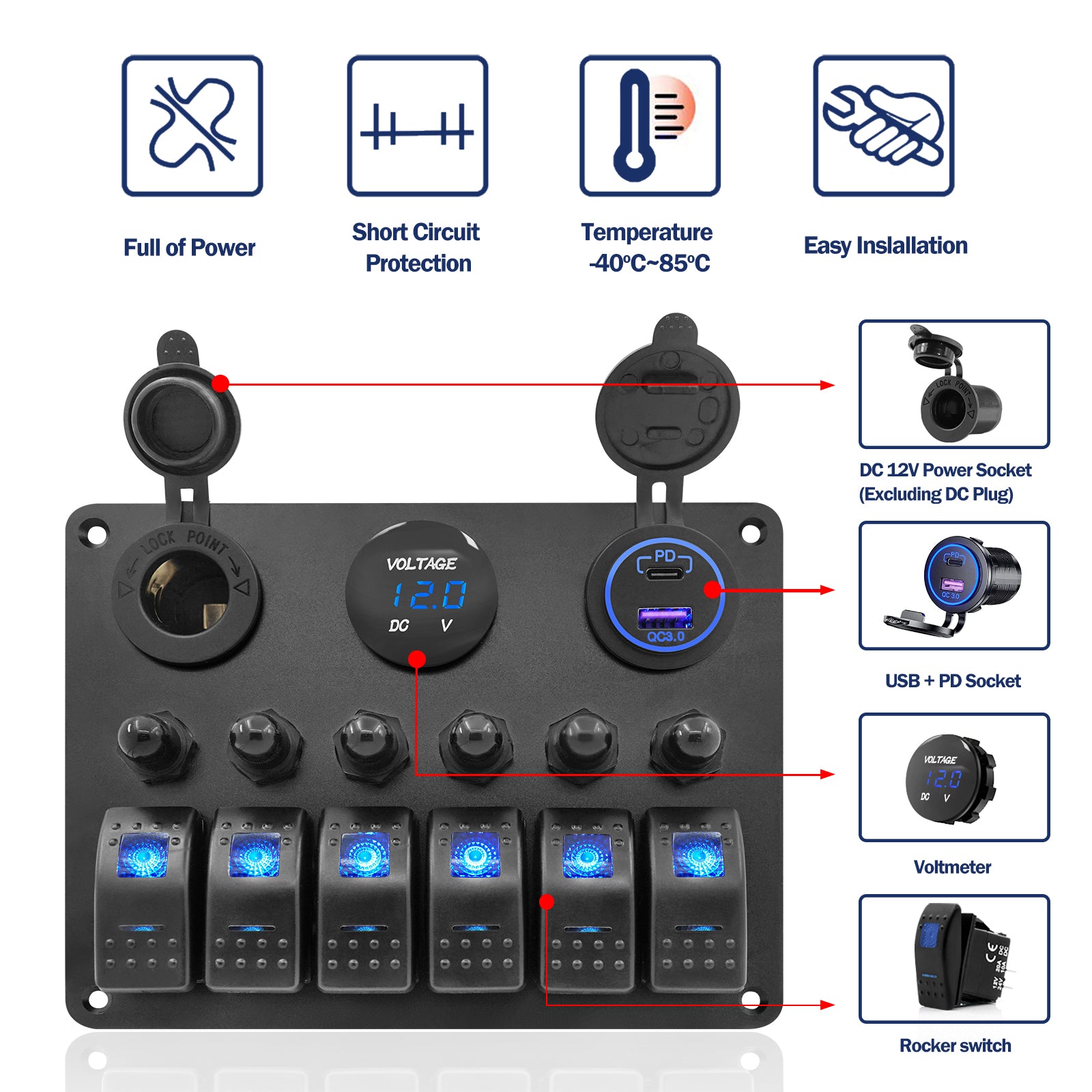 THALASSA 6 Gang Marine Boat Rocker Switch Aluminum Panel Waterproof with Circuit Breaker, Blue Digital Voltage Display, Dual PD+QC3.0 USB Outlet, Cigarette Lighter Port for Car Truck Rv Vehicles Yacht