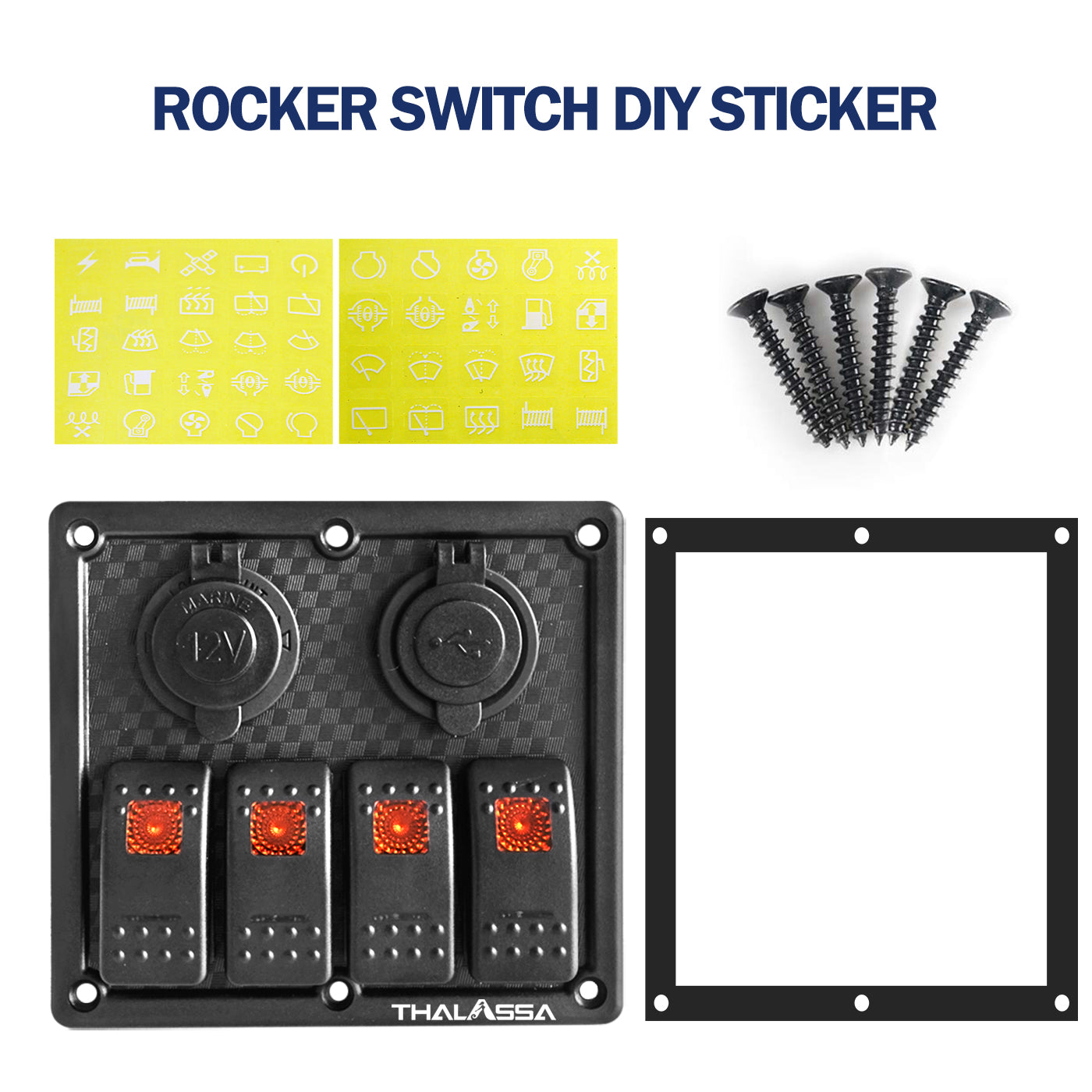 THALASSA 4 Gang Waterproof Marine Boat Rocker Switch Panel, 3.1A Dual USB Outlet and 12V DC Power Socket with 15A Fuse, Orange Indicator Light Used for RV Car Truck Rv Vehicles Yacht