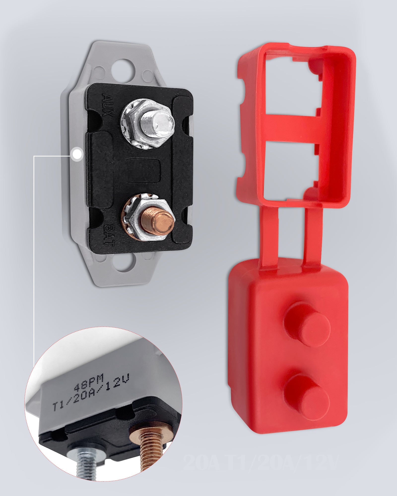  4 Pieces 20A Automatic Reset Circuit Breaker with Cover Stud Bolt, E518 Stud Type Circuit Breakers, DC 12V - 24V