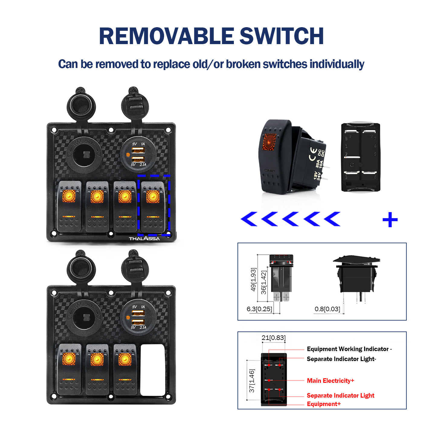 THALASSA 4 Gang Waterproof Marine Boat Rocker Switch Panel, 3.1A Dual USB Outlet and 12V DC Power Socket with 15A Fuse, Orange Indicator Light Used for RV Car Truck Rv Vehicles Yacht