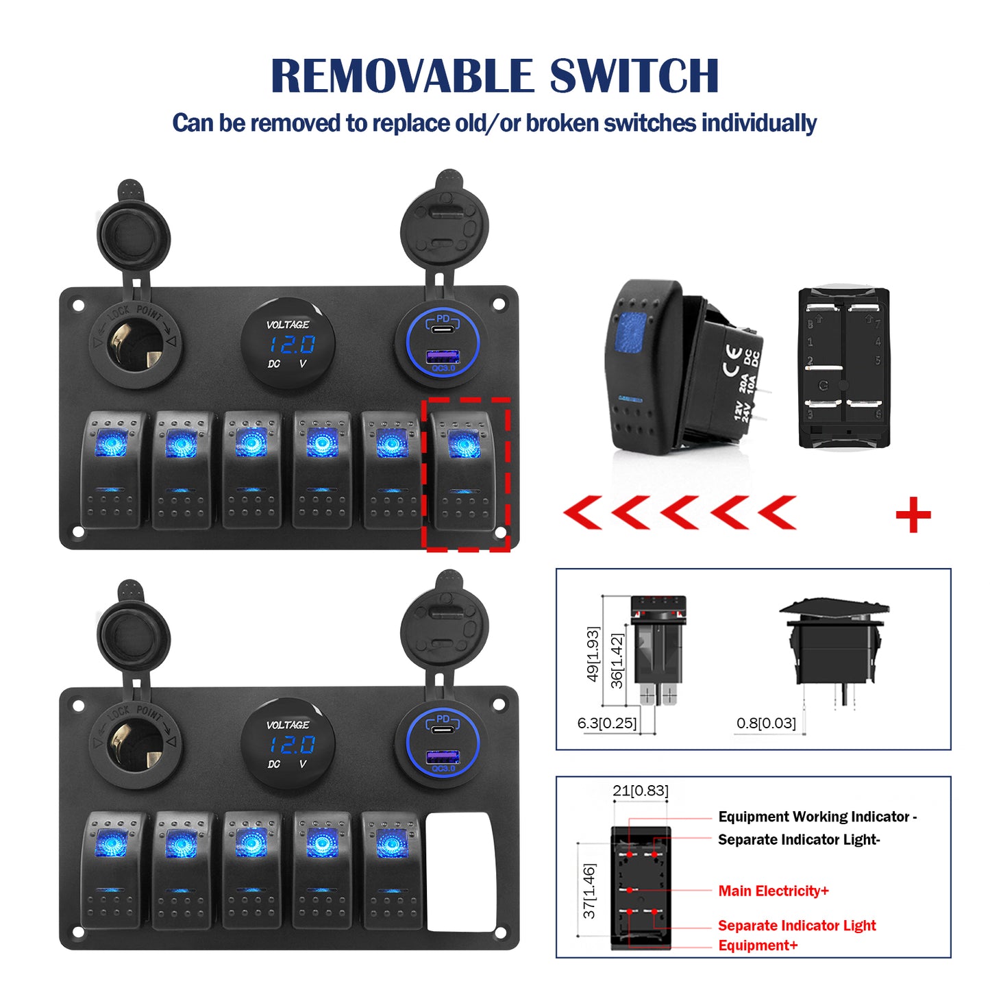 THALASSA 6 Gang Marine Boat Rocker Switch Aluminum Panel Waterproof with Blue Digital Voltage Display, Dual PD +QC3.0 USB Outlet, 12V DC Cigarette Lighter Port for Car Truck Rv Vehicles Yacht