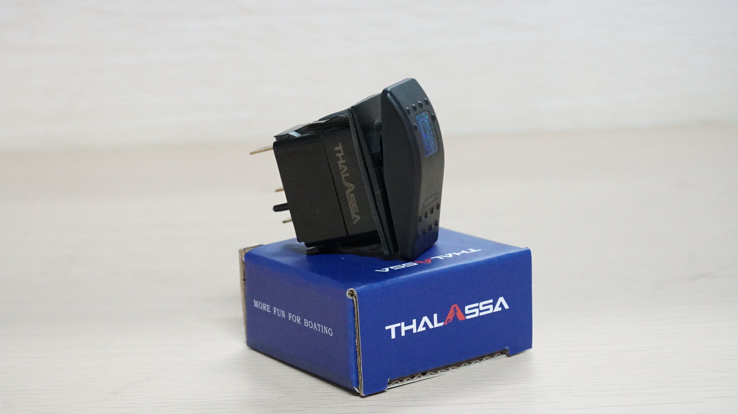 THALASSA Waterproof LED Rocker Switch | 12V/24V 20A SPST ON/OFF | Blue Indicator Light | For Marine/RV/ATV/Truck Electrical Control