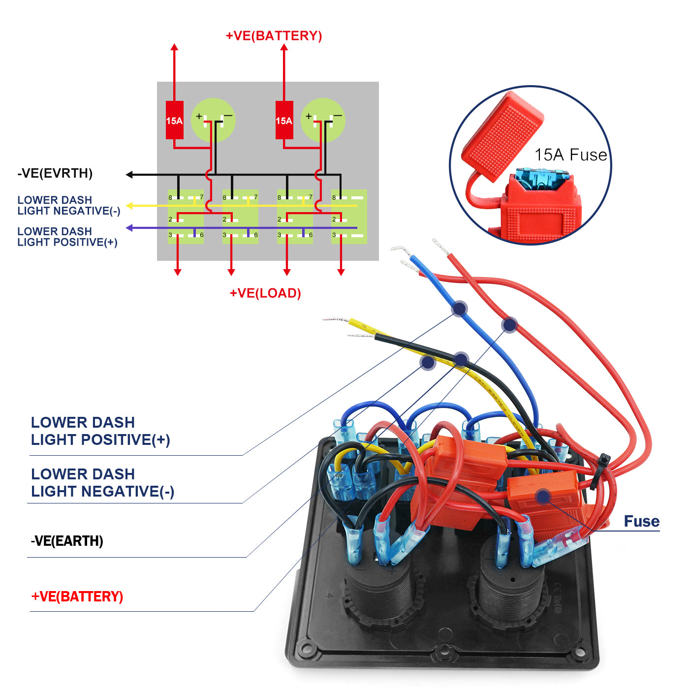 THALASSA 4 Gang Waterproof Marine Boat Rocker Switch Panel, 3.1A Dual USB Outlet and 12V DC Power Socket with 15A Fuse, Orange Indicator Light Used for RV Car Truck Rv Vehicles Yacht