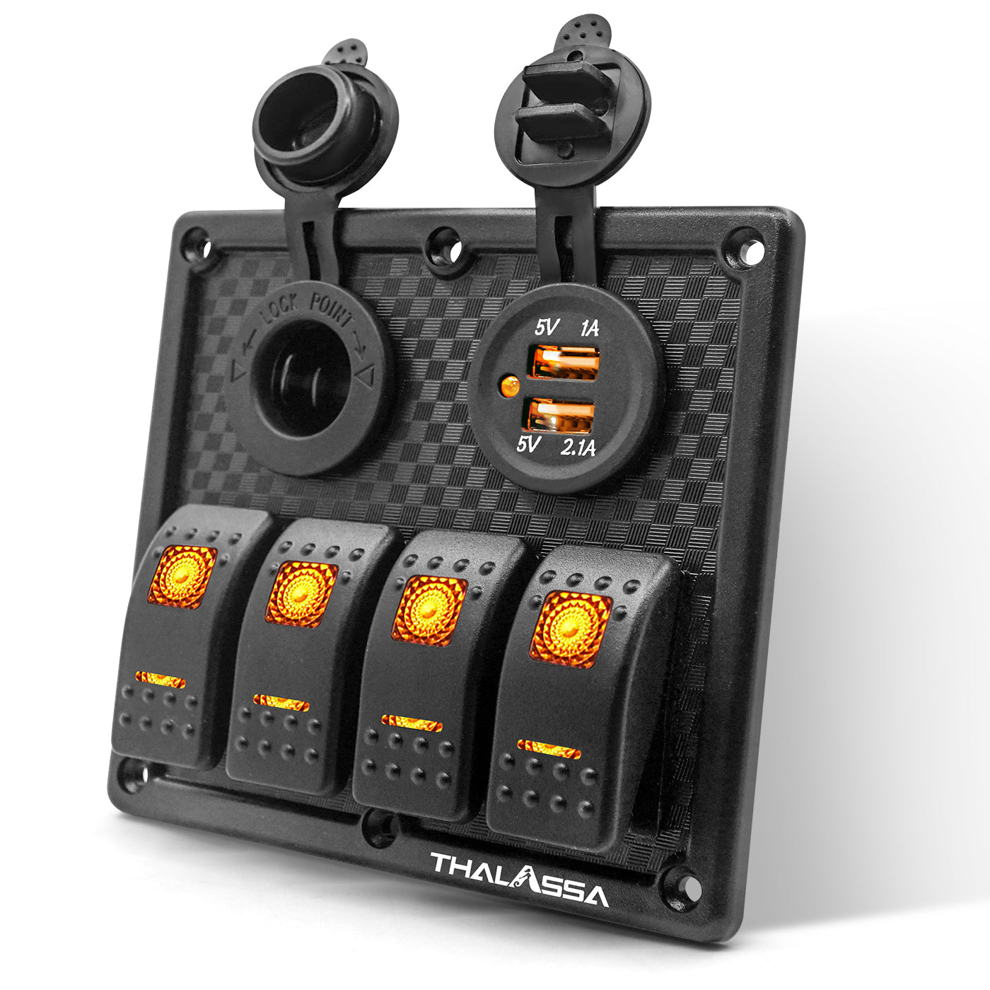 THALASSA 4 Gang Waterproof Marine Boat Rocker Switch Panel, 3.1A Dual USB Outlet and 12V DC Power Socket with 15A Fuse, Orange Indicator Light Used for RV Car Truck Rv Vehicles Yacht