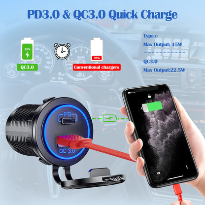 5 Gang Aluminum Rocker Switch Panel Marine Boat Board with Blue Digital Voltage Display + PD Charging Port + QC3.0 USB Port + 12V DC Power Socket with Circuit Breaker for Vehicles Yacht Car Truck RV