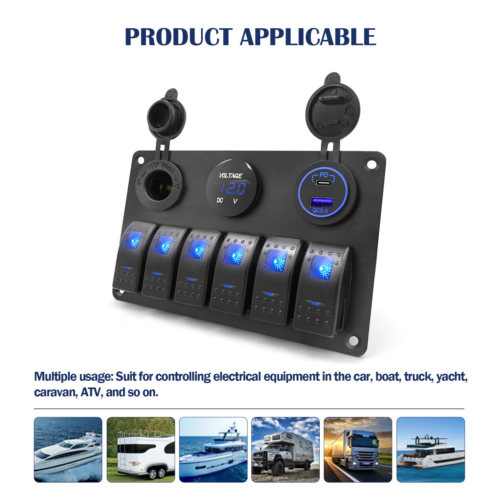 THALASSA 6 Gang Marine Boat Rocker Switch Aluminum Panel Waterproof with Blue Digital Voltage Display, Dual PD +QC3.0 USB Outlet, 12V DC Cigarette Lighter Port for Car Truck Rv Vehicles Yacht