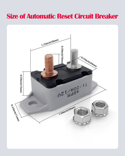  4 Pieces 20A Automatic Reset Circuit Breaker with Cover Stud Bolt, E518 Stud Type Circuit Breakers, DC 12V - 24V