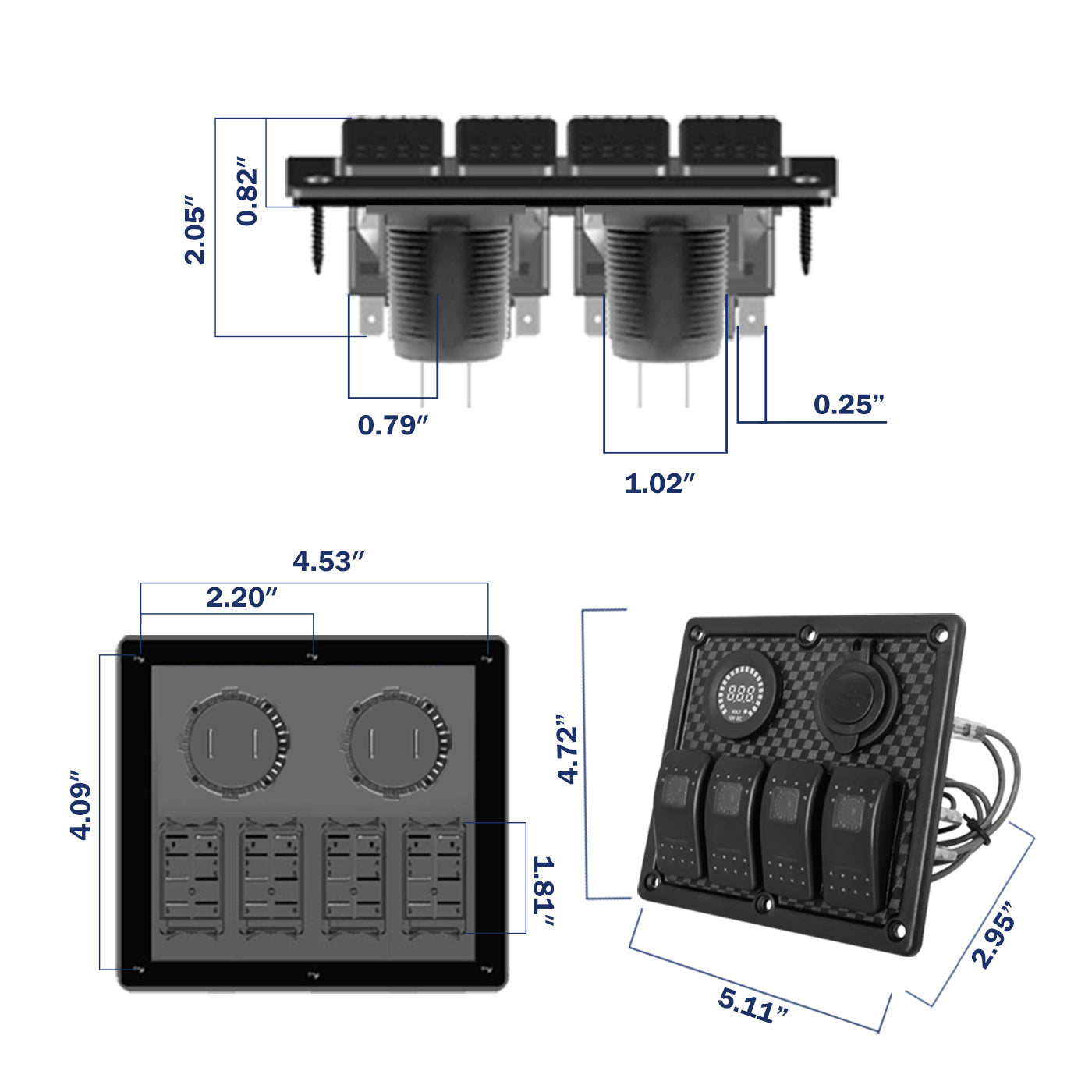 4 Gang Waterproof Marine Boat Rocker Switch Panel with Color Digital Voltage Display, 3.1A Dual USB Outlet with 15A Fuse, 12V Used for RV Car Truck Rv Vehicles Yacht