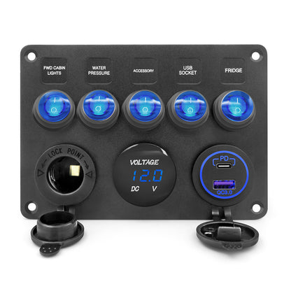 5 Gang Aluminum Rocker Switch Panel Marine Boat Board with Blue Digital Voltage Display + PD Charging Port + QC3.0 USB Port + 12V DC Power Socket with Circuit Breaker for Vehicles Yacht Car Truck RV