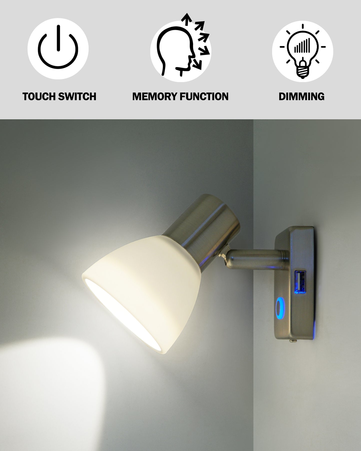 THALASSA 2 Packs RV Reading Light with USB Port(5V/2A), RV Lights Interior Frosted Glass Shade for Boat Yacht Caravan, Touch Switch Dimmable, USB Charger(Nickel) - THALASSA