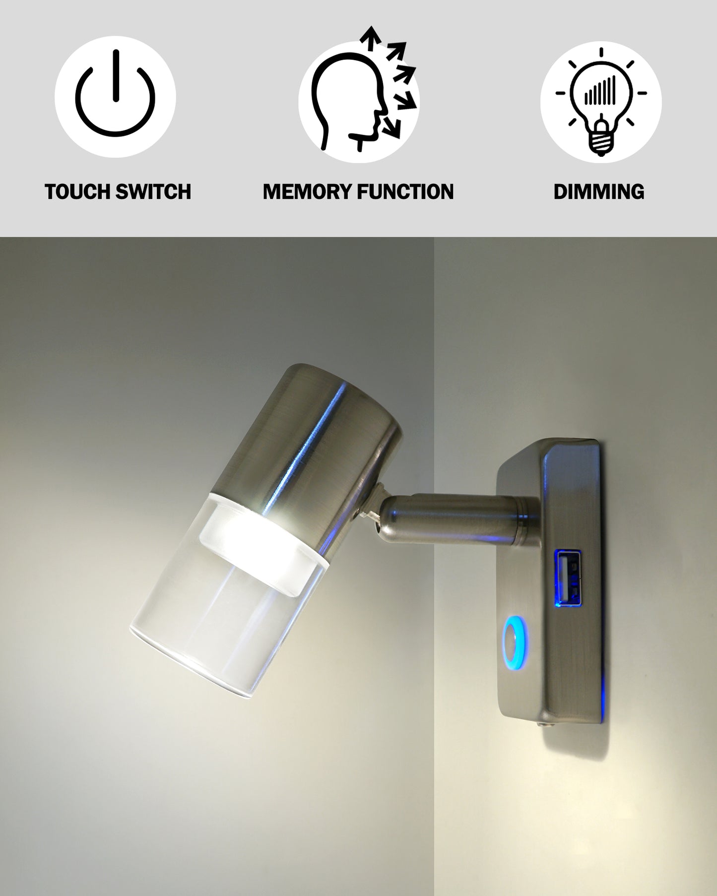 THALASSA RV Reading Light, 2 Packs RV Led Lights Interior 12V with USB Port, Dimming Touch Switch with Blue Night Light, Nickel Bedside Lamp for RV Trailer Caravan Boat - THALASSA