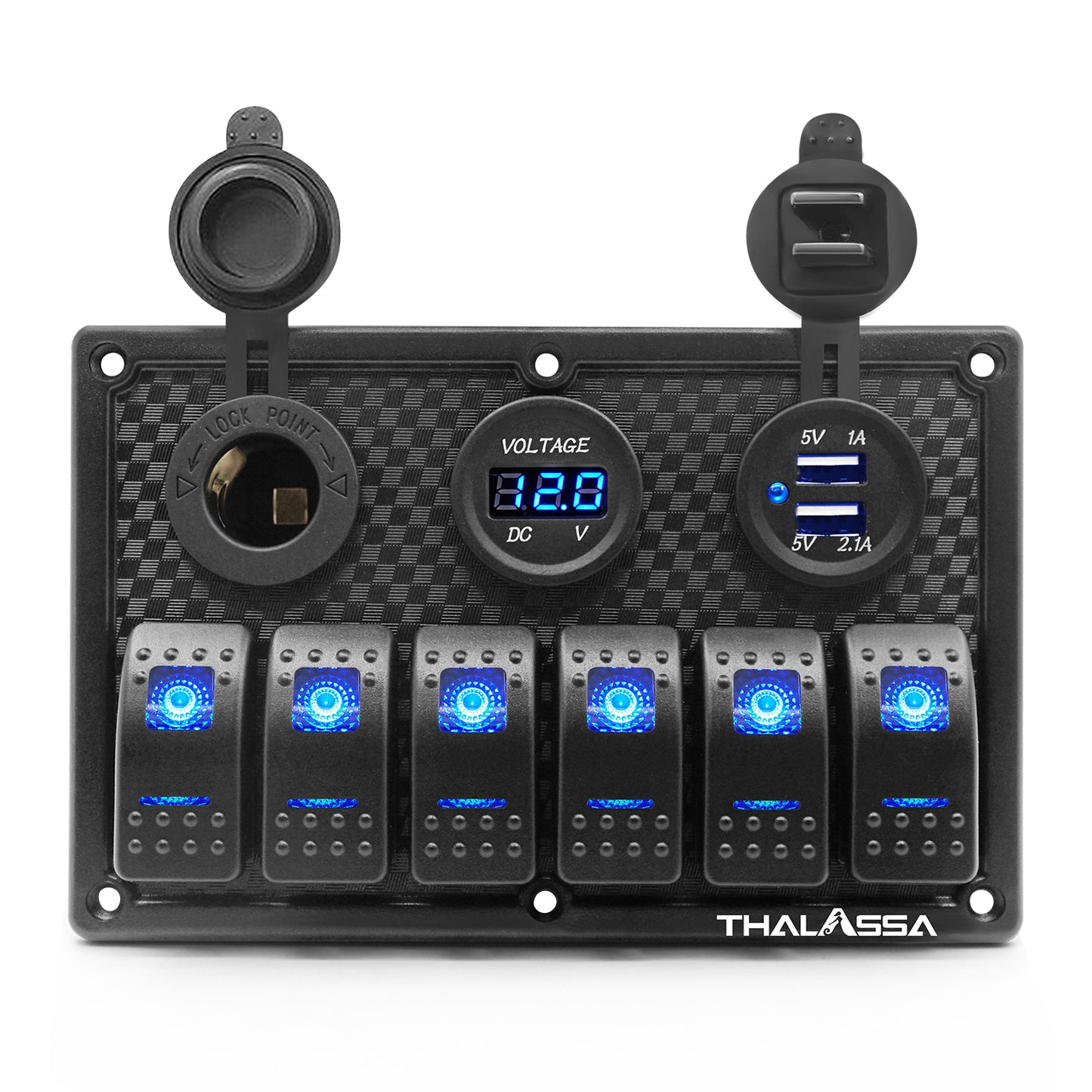 THALASSA 4/6 Gang Rocker Switch Panel, 12V/24V Waterproof Blue LED Lighted Toggle Fuse Breaker Protected Control with 12 Volt Marine USB Power Outlet for Car Boat RV Scooter Truck Vehicles - THALASSA