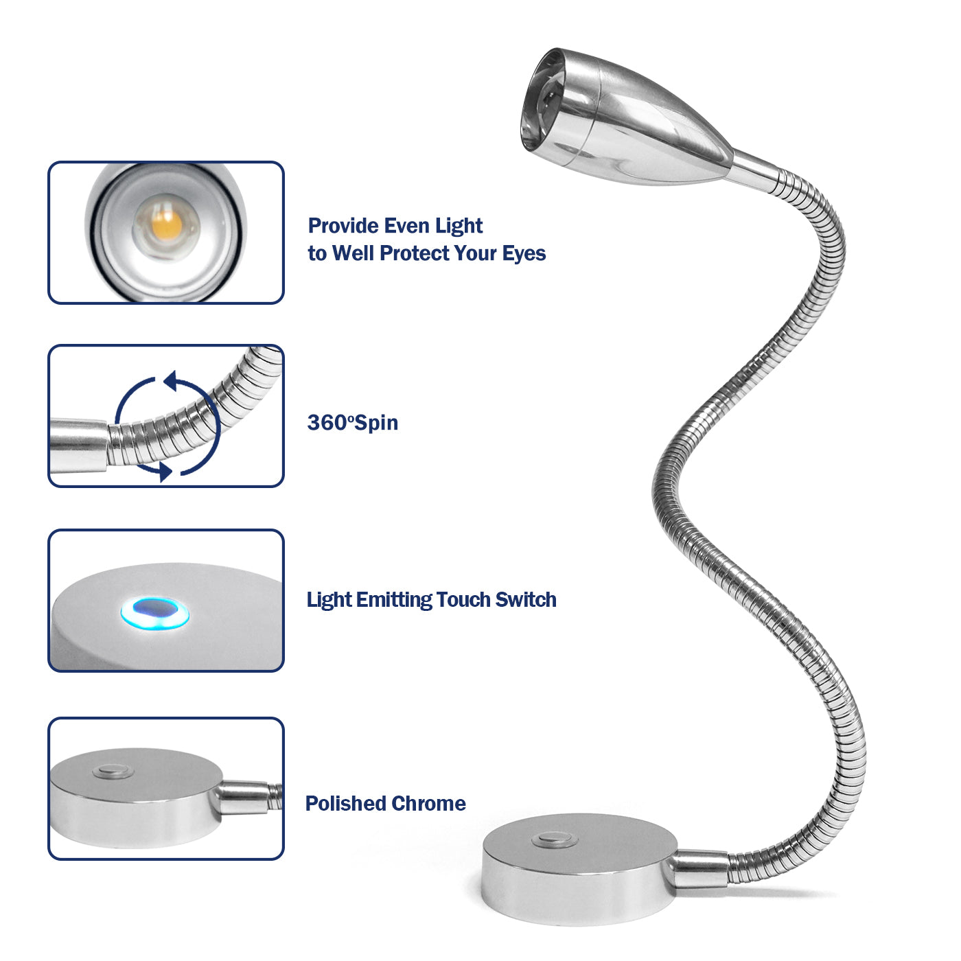 THALASSA 12/24V Touch Adjustable Switch 360° LED Reading Light with/without USB Port for Yacht Ship Villa Hotel - THALASSA