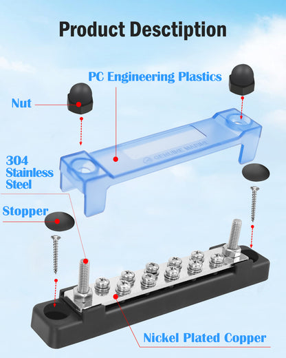 LENKRAD 2 Packs 150A Battery Bus Bar - 10 Terminal Power Distribution Block Bus Bars with Ring Terminals, 10 Way 8/32" Screws, 2 Way 1/4" Studs