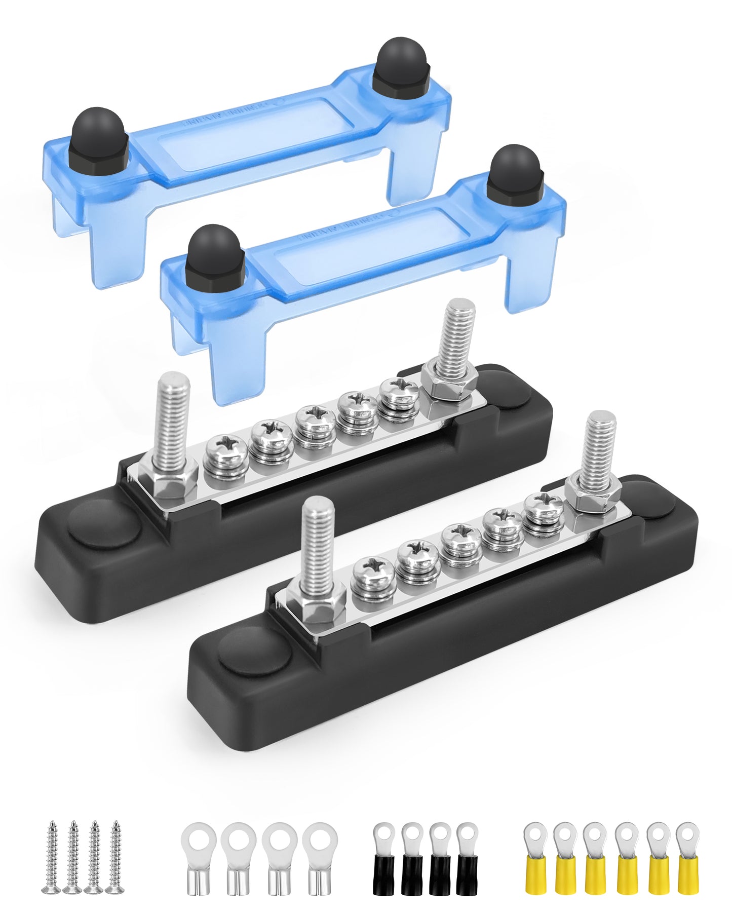 LENKRAD Bus Bar 12V 2 x 10/32” Studs and 5 x 8/32” Screw Terminals, Power Distribution Block with Ring Terminals 100 Amp Rating, 12V - 48V Positive & Negative for Automotive Car Boat Solar System - THALASSA