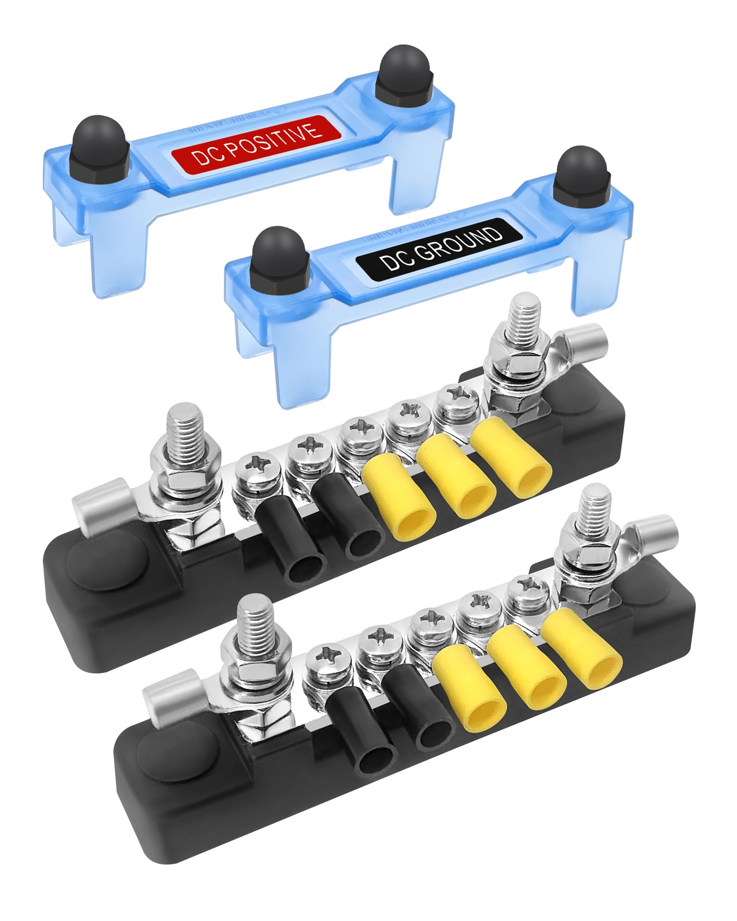 LENKRAD Bus Bar 12V 2 x 10/32” Studs and 5 x 8/32” Screw Terminals, Power Distribution Block with Ring Terminals 100 Amp Rating, 12V - 48V Positive & Negative for Automotive Car Boat Solar System - THALASSA