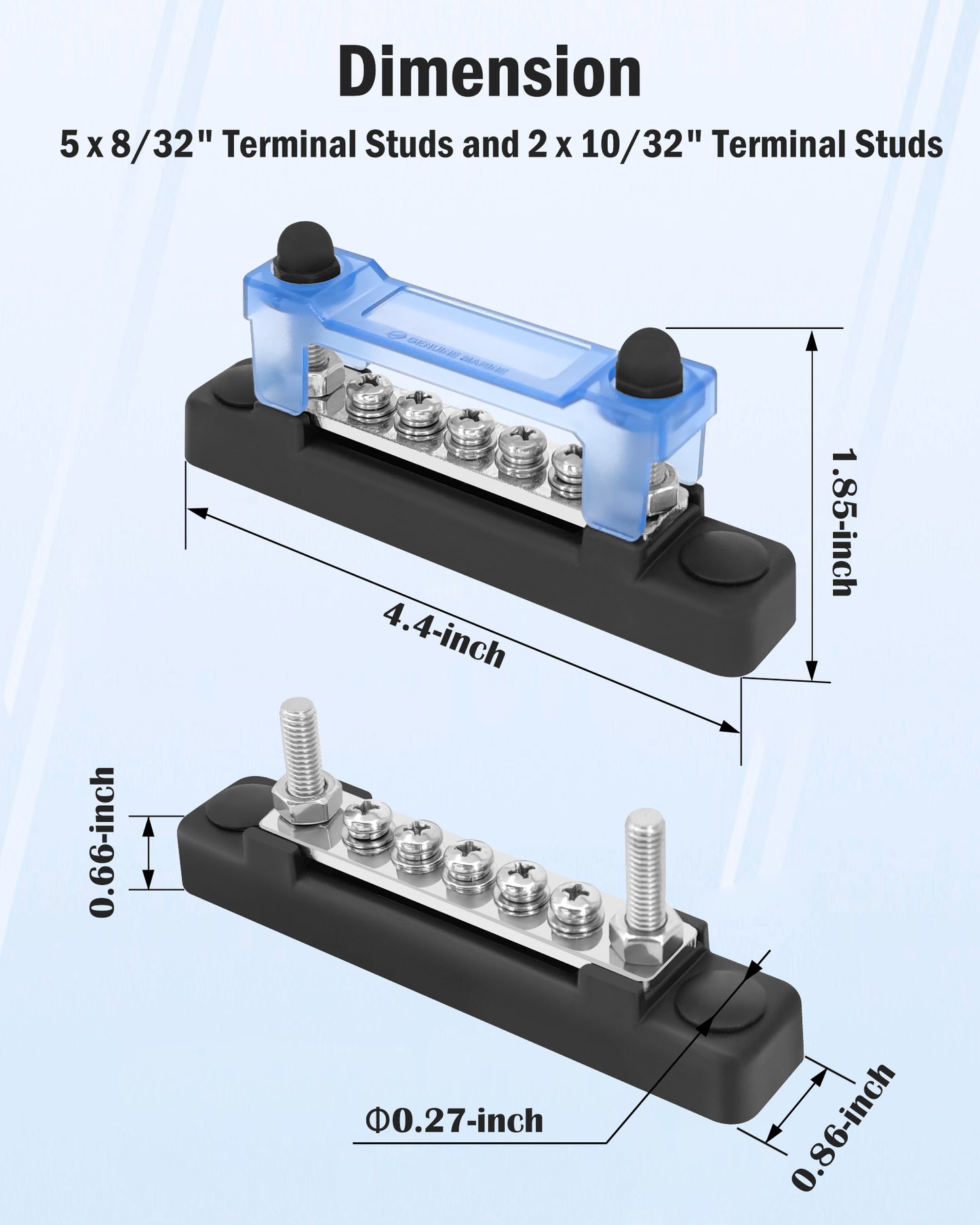 LENKRAD Bus Bar 12V 2 x 10/32” Studs and 5 x 8/32” Screw Terminals, Power Distribution Block with Ring Terminals 100 Amp Rating, 12V - 48V Positive & Negative for Automotive Car Boat Solar System - THALASSA