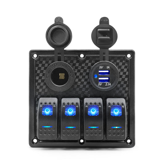 THALASSA 4/6 Gang Rocker Switch Panel, 12V/24V Waterproof Blue LED Lighted Toggle Fuse Breaker Protected Control with 12 Volt Marine USB Power Outlet for Car Boat RV Scooter Truck Vehicles - THALASSA