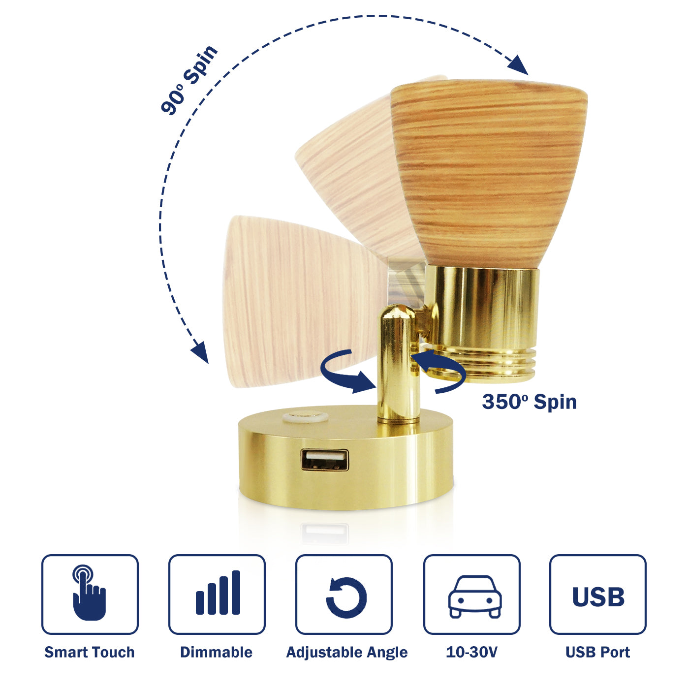 THALASSA 12V Reading Light Teak Color Glass Dimmer Touch Adjustable with/without USB Port - THALASSA