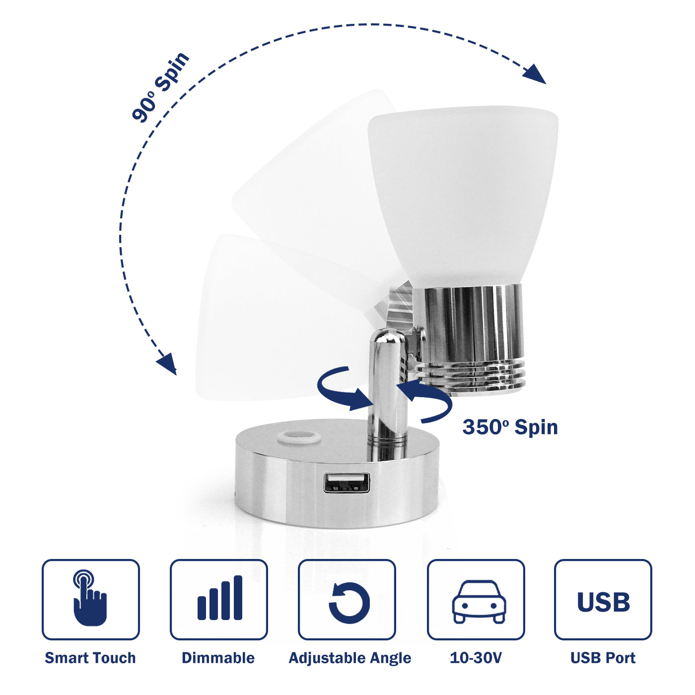 THALASSA 12V 3W Glass Shade Dimmer Reading Light with USB Port Warm White and In-build Switch - THALASSA