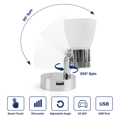 THALASSA 12V 3W Glass Shade Dimmer Reading Light with USB Port Warm White and In-build Switch - THALASSA