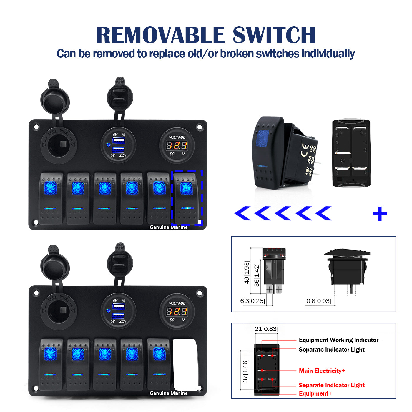 GenuineMarine 6 Gang Red/Blue Light  Waterproof Rocker Switch Panel with 15A Fuse Use for 12V/24V Boat Car Truck Camper Caravan System - THALASSA