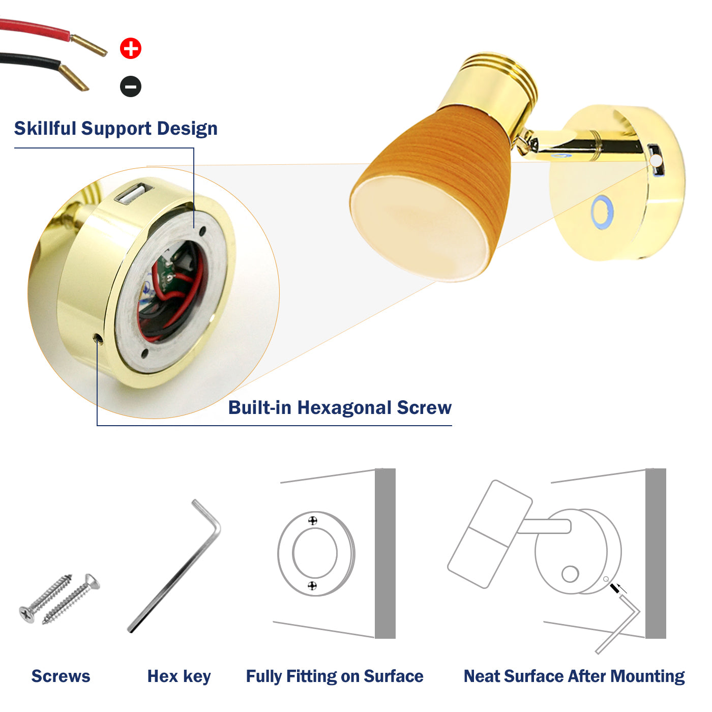 THALASSA 12V Reading Light Teak Color Glass Dimmer Touch Adjustable with/without USB Port - THALASSA