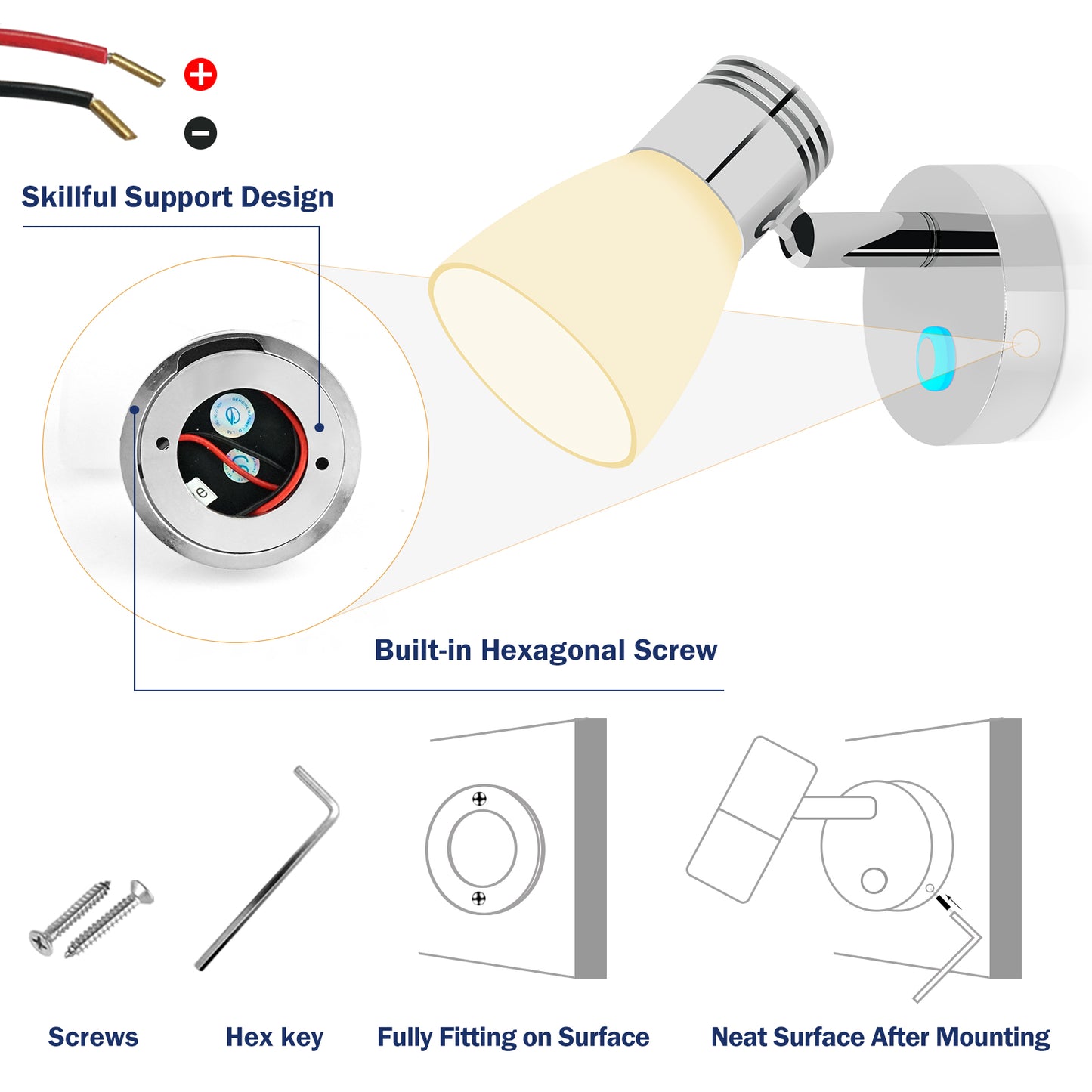 THALASSA 12V Reading Light Bedside without USB Iron Port,Touch Dimmable Switch Warm White for Boat, Yacht, and Caravan - THALASSA