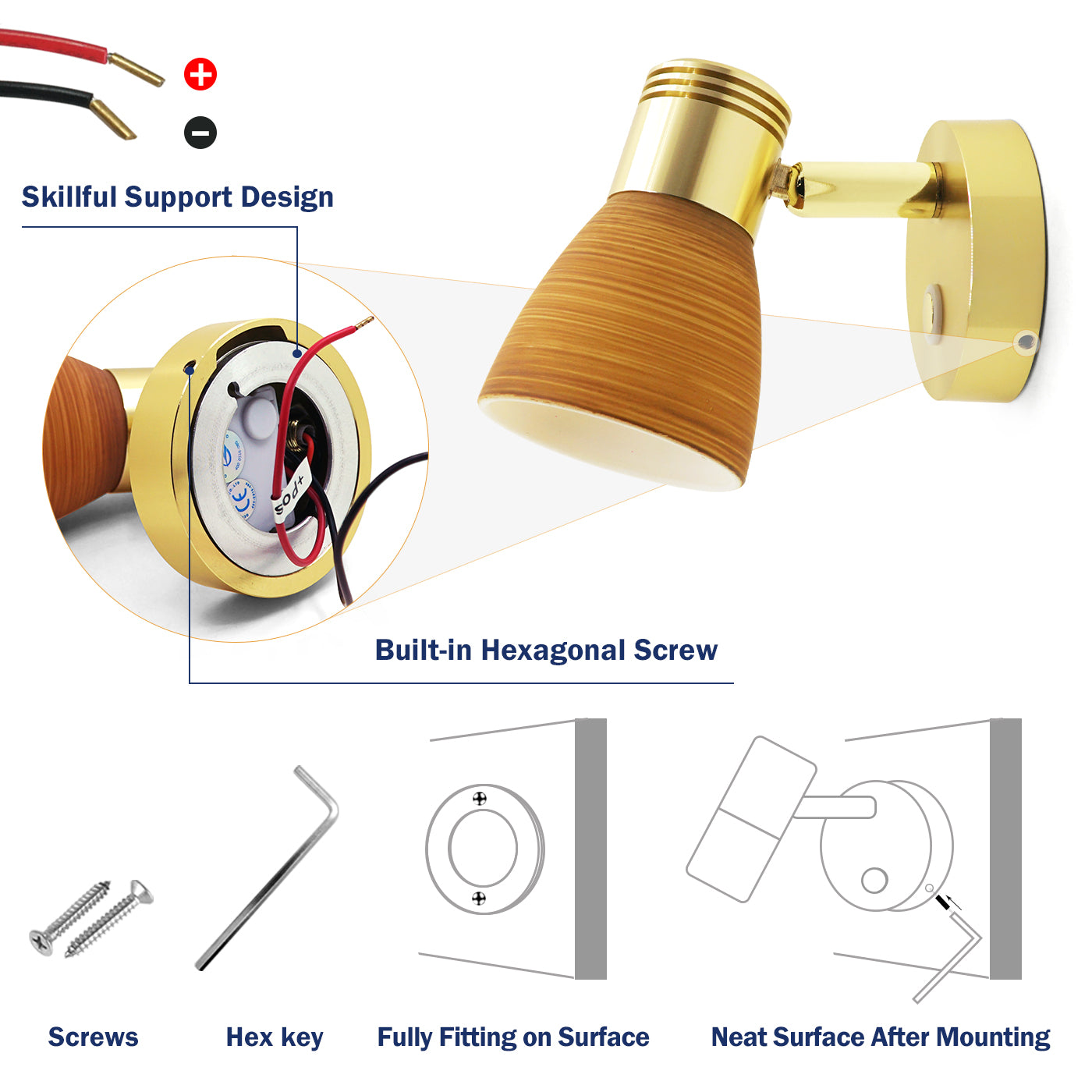 THALASSA 12V Reading Light Teak Color Glass Dimmer Touch Adjustable with/without USB Port - THALASSA