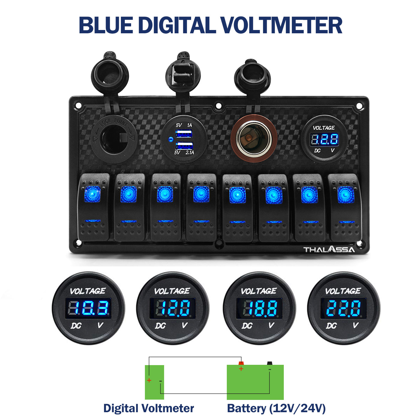 THALASSA 8 Gang Red/Blue Light 12V ON/Off Rocker Switch Panel  Waterproof, Digital Voltmeter Display Dual USB Charger Port Lighted Switch with 15A Fusefor for RV Car Vehicles Truck Boat - THALASSA