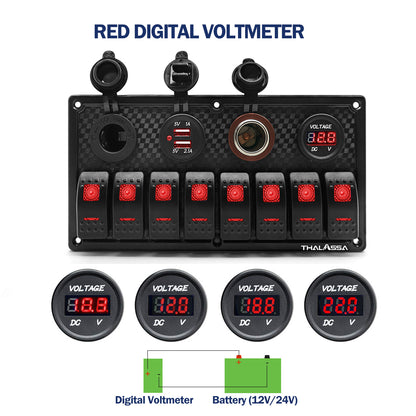 THALASSA 8 Gang Red/Blue Light 12V ON/Off Rocker Switch Panel  Waterproof, Digital Voltmeter Display Dual USB Charger Port Lighted Switch with 15A Fusefor for RV Car Vehicles Truck Boat - THALASSA