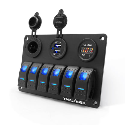 THALASSA 6 Gang Blue LED Rocker Switch Panel 12V Waterproof with 3.1A Dual USB Slot Socket for Car Rv Vehicles Truck - THALASSA