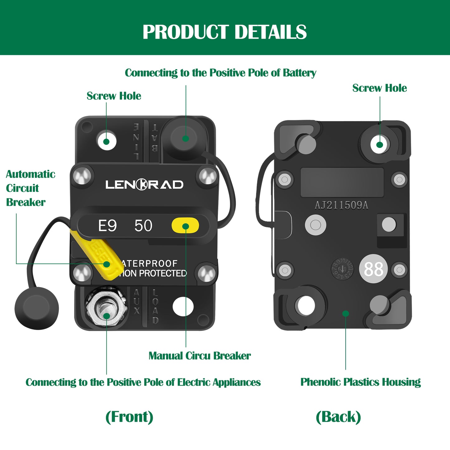 LENKRAD 50 /60 Amp Circuit Breaker 12V with Manual Reset Switch Button for Boat Marine RV Yacht, Boat Circuit Breakers 12V - 48V DC, Waterproof(Surface Mount) - THALASSA