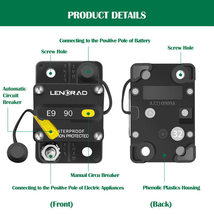 LENKRAD 90 Amp Circuit Breaker 12V with Manual Reset Switch Button for Boat Marine RV Yacht, Boat Circuit Breakers 12V - 48V DC, Waterproof(Surface Mount) - THALASSA