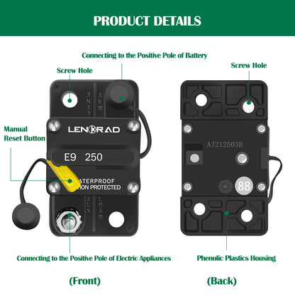 LENKRAD 250 Amp Circuit Breaker with Manual Reset Switch Button for Marine RV Yacht, 12V - 48V DC, Waterproof(Surface Mount) - THALASSA