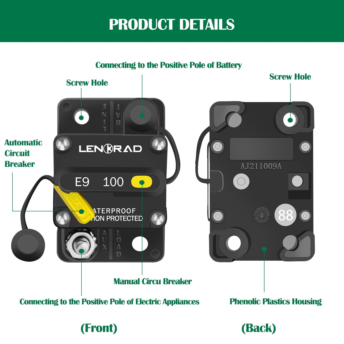 LENKRAD 100 Amp Circuit Breaker 12V with Manual Reset Switch Button for Boat Marine RV Yacht, Boat Circuit Breakers 12V - 48V DC, Waterproof(Surface Mount) - THALASSA