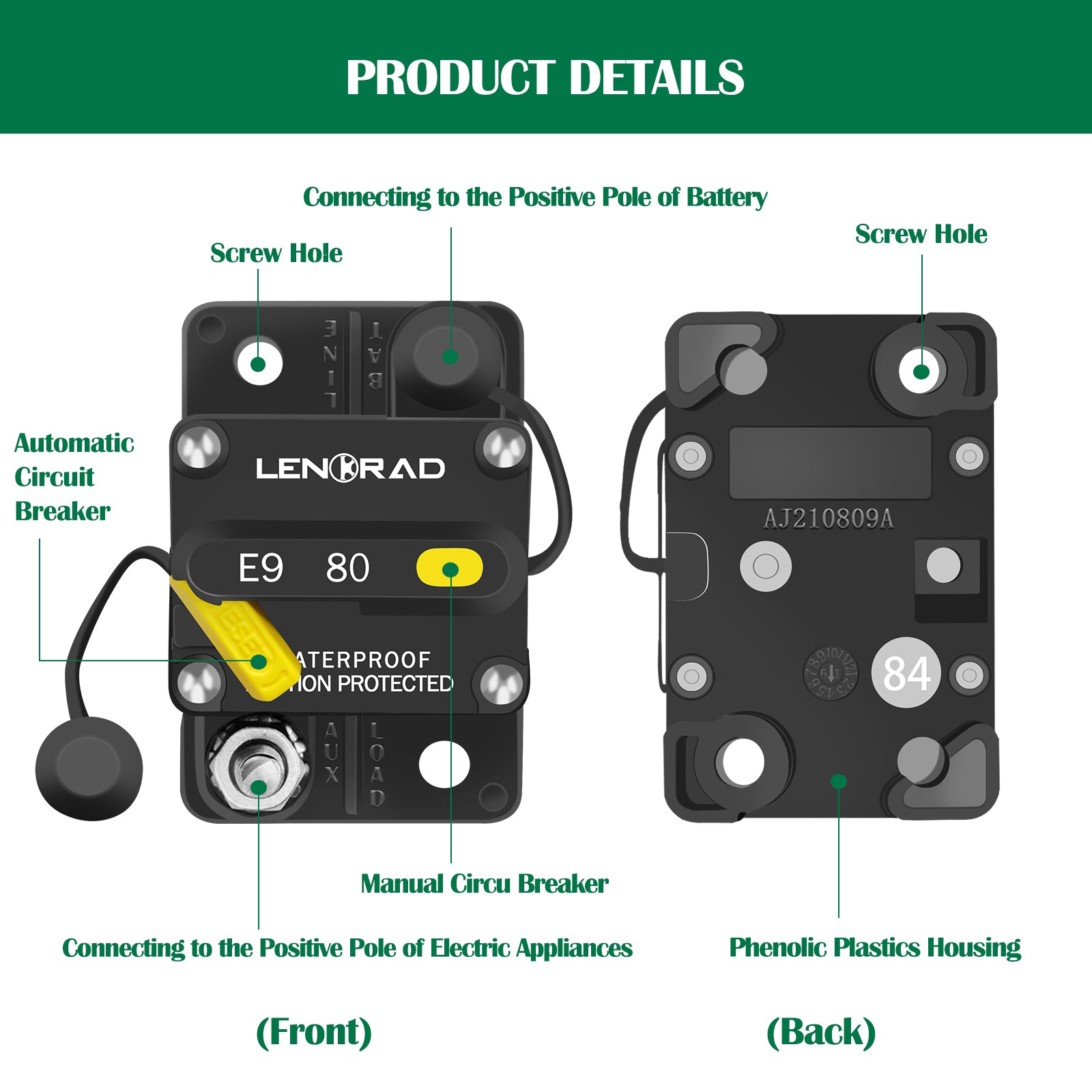 LENKRAD 80 Amp Circuit Breaker 12V with Manual Reset Switch Button for Boat Marine RV Yacht, Boat Circuit Breakers 12V - 48V DC, Waterproof(Surface Mount) - THALASSA