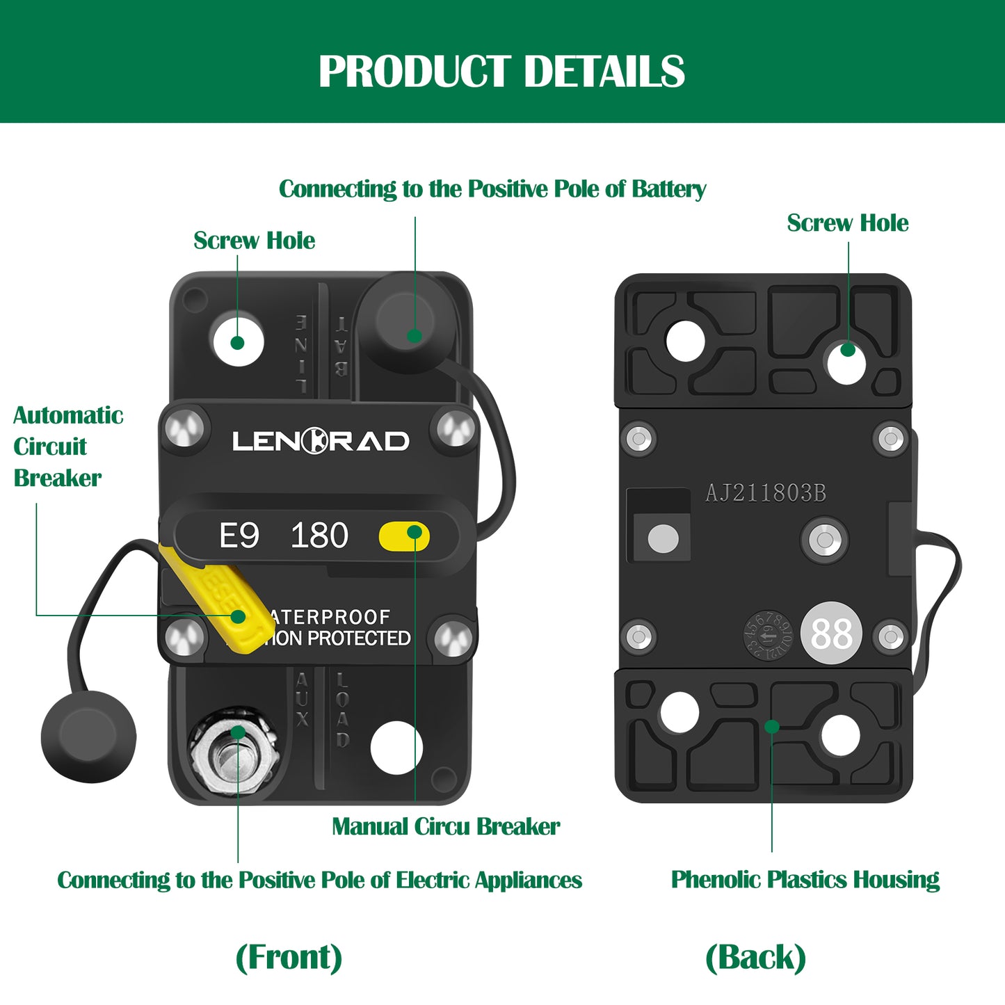 LENKRAD 180 Amp Circuit Breaker 12V with Manual Reset Switch Button for Boat Marine RV Yacht, Boat Circuit Breakers 12V - 48V DC, Waterproof(Surface Mount) - THALASSA