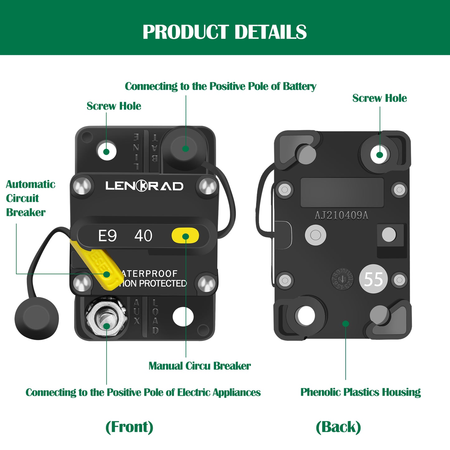 LENKRAD 40 Amp Circuit Breaker 12V with Manual Reset Switch Button for Boat Marine RV Yacht, Boat Circuit Breakers 12V - 48V DC, Waterproof(Surface Mount) - THALASSA