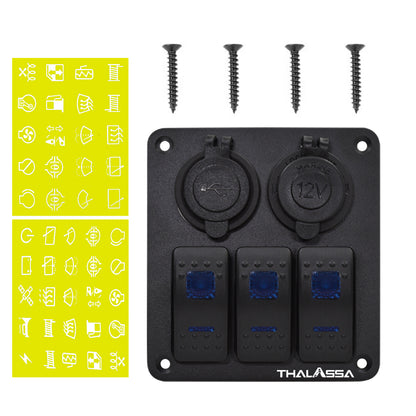 GenuineMarine-THALASSA  3 Gang Rocker Switch Panel 12V 24VDC Waterproof Multi-Function Aluminum Alloy with Dual USB Charger Socket & Cigarette Lighter Socket for Cars Rvs Trucks - THALASSA