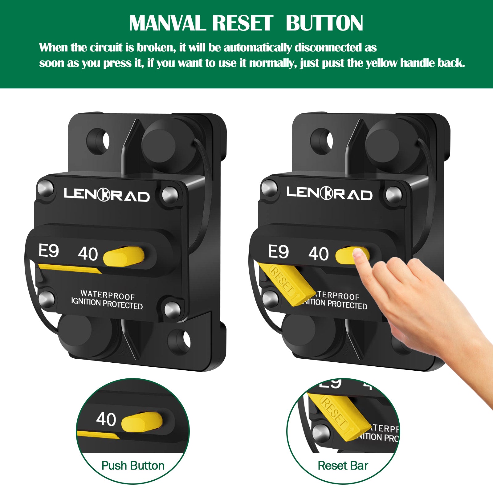 LENKRAD 40 Amp Circuit Breaker 12V with Manual Reset Switch Button for Boat Marine RV Yacht, Boat Circuit Breakers 12V - 48V DC, Waterproof(Surface Mount) - THALASSA