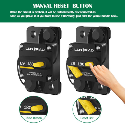 LENKRAD 180 Amp Circuit Breaker 12V with Manual Reset Switch Button for Boat Marine RV Yacht, Boat Circuit Breakers 12V - 48V DC, Waterproof(Surface Mount) - THALASSA